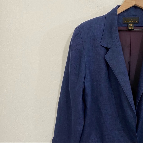 Express Vintage Women’s S Blue One Button V Neck Collaree Blazer Jacket - Picture 2 of 7